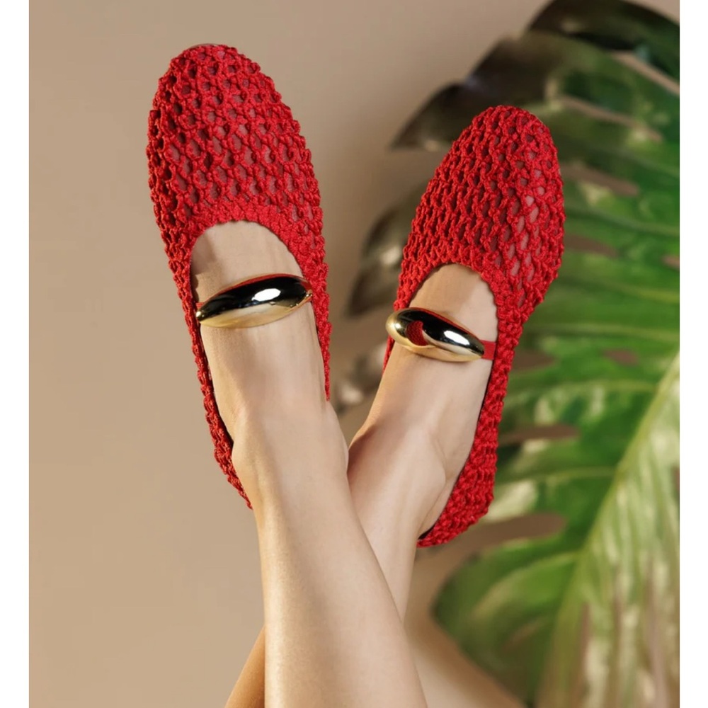 Red Weave Women's Shoes Mesh with Gold Accent